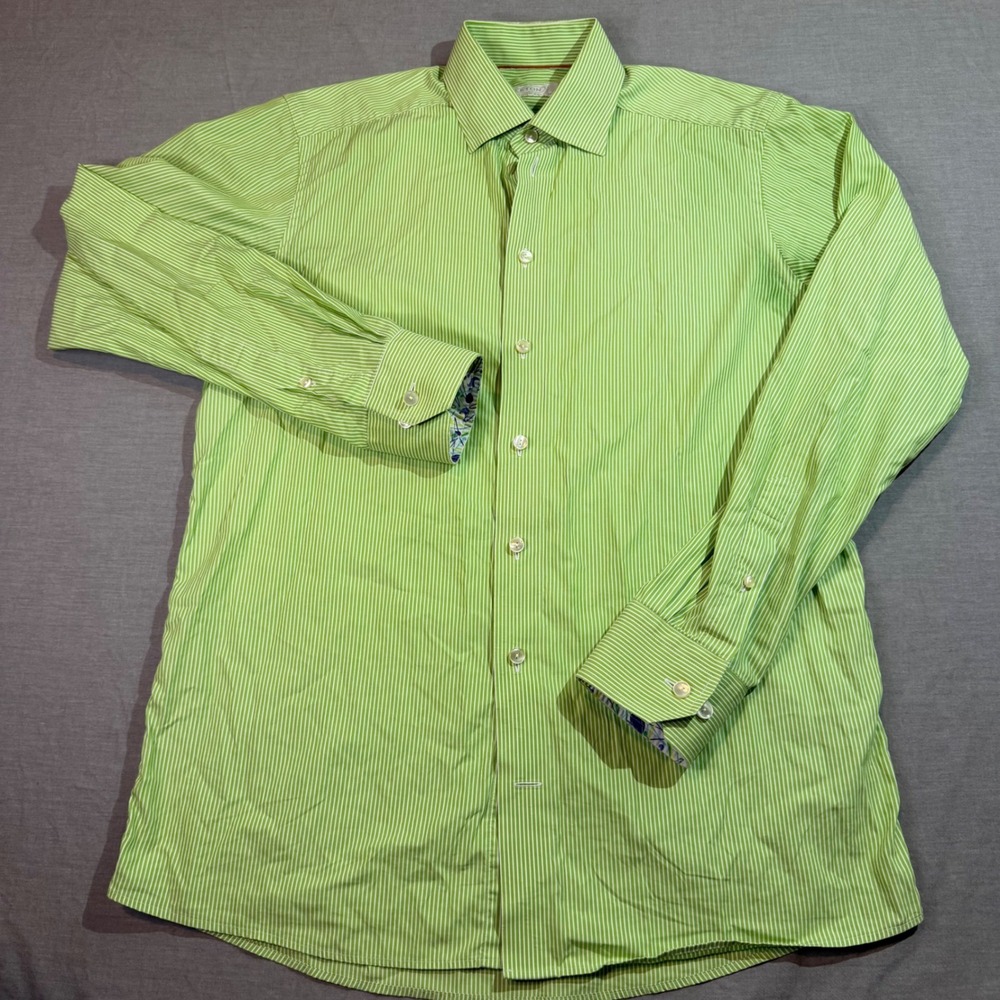 Eton Dress Shirt Mens 15.5 39 Green Striped Excellent Contemporary Fit Cotton